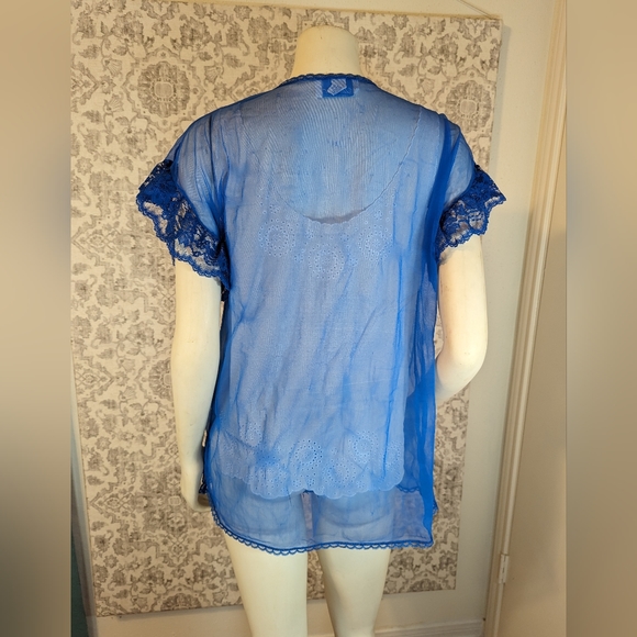 Stardust Vintage Royal Blue Sheer Lace & Tulle Nightgown cover up Short robe Lg - Picture 6 of 8